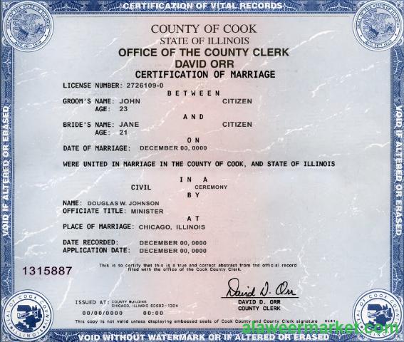 USA state Illinois marriage certificate template in PSD format